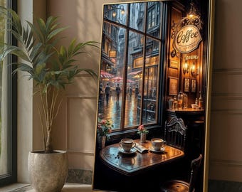 Cozy Coffee Shop Interior Canvas, Rainy City Street View, Vintage Cafe Wall Art, Warm Ambiance Canvas, Home Decor Ready to Hang