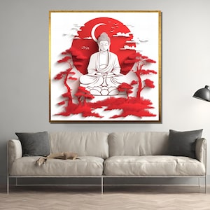 Red White Buddha Wall Art, Paper Cut Style Zen Decor, Tranquil Meditation Canvas, Asian Spiritual Artwork