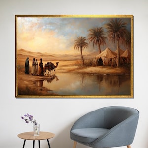 Traditional Bedouin Desert Scene Canvas Print, Camel Caravan by Oasis, Middle Eastern Nomad Landscape Wall Art for Home or Gift