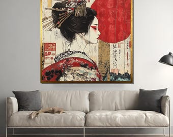 May include: A digital art print featuring a geisha in a red and white kimono with a large red circle behind her. The print has a vintage, textured look and includes Japanese characters.