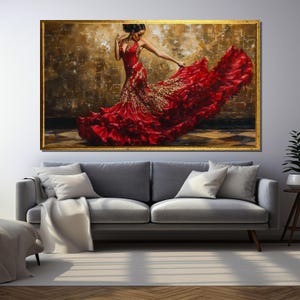 Flamenco Dancer Canvas Art | Elegant Red Dress Spanish Dance Painting | Passionate Flamenco Decor