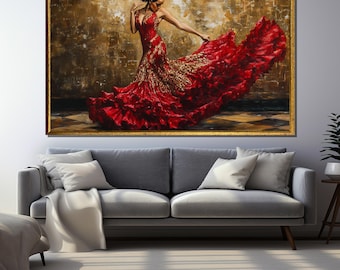 Flamenco Dancer Canvas Art | Elegant Red Dress Spanish Dance Painting | Passionate Flamenco Decor