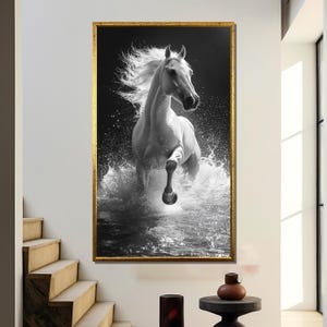 White Horse Wall Art, Running Horse Canvas, Black and White Horse Print, Majestic Horse Photography, Equestrian Wall Decor Gift