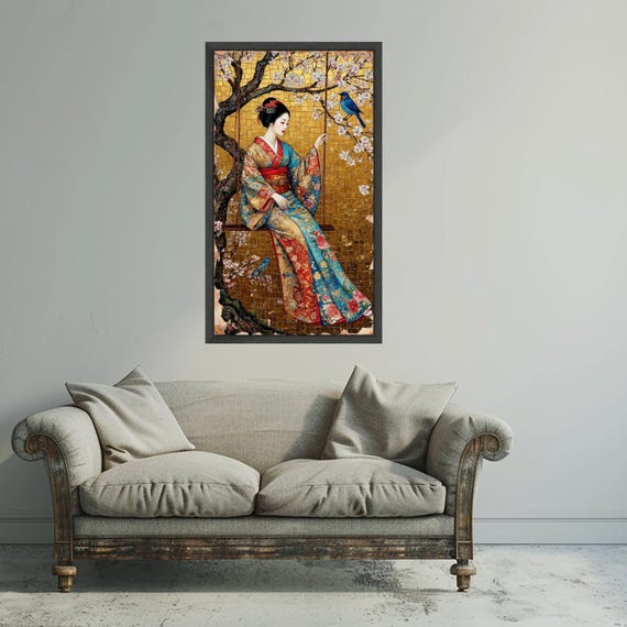 Elegant Geisha Canvas, Kimono Wall Art, Cherry Blossom Scene - Etsy