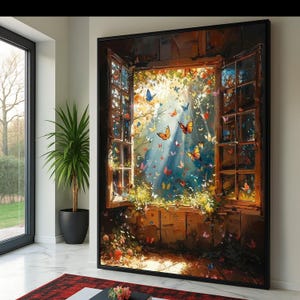 May include: Large framed artwork depicting an open window scene filled with butterflies. The painting features a warm color palette with sunlight streaming through the window, illuminating the butterflies and surrounding foliage. The artwork is displayed in a modern interior setting.