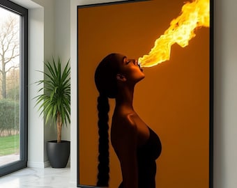 Fiery Woman Silhouette Canvas, Fire Breathing Art, Bold Modern Wall Decor, Dynamic Flame Portrait, Vibrant Abstract Canvas Print