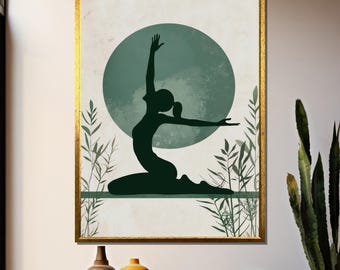 Minimalist Yoga Poster with Silhouette and Green Sun | Serene Meditation Art | Calm Zen Wall Decor