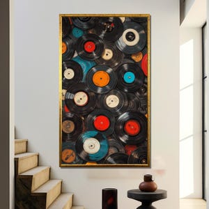 Colorful Vinyl Records Wall Art Print, Retro Music Decor, Vintage Record Player Artwork, Gift for Music Lovers, Nostalgic Wall Decor
