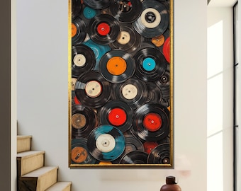 Colorful Vinyl Records Wall Art Print, Retro Music Decor, Vintage Record Player Artwork, Gift for Music Lovers, Nostalgic Wall Decor