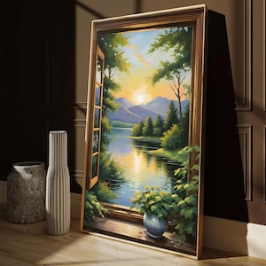 Golden Sunset Over Lake and Mountains Seen Through Window – Peaceful Landscape Nature Canvas Painting Gift