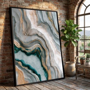 Lienzo abstracto con diseño de rodajas de ágata, arte mural azul y dorado, estampado de geoda, lienzo moderno con motivos naturales, obra de arte para la decoración del hogar, listo para colgar.