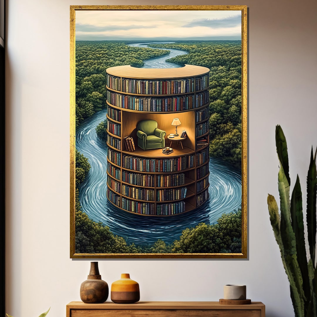 Surreal Library Tower in River Landscape – Cozy Reading Room Canvas ...