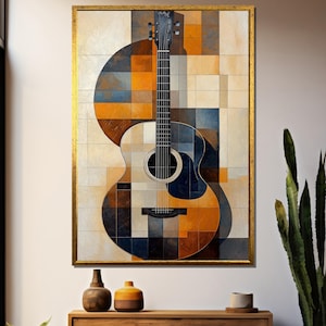 Abstract Geometric Guitar Painting – Modern Acoustic Guitar Wall Art, Music Lover Gift, Bold Colorful Art Print, Music Room Home Decor