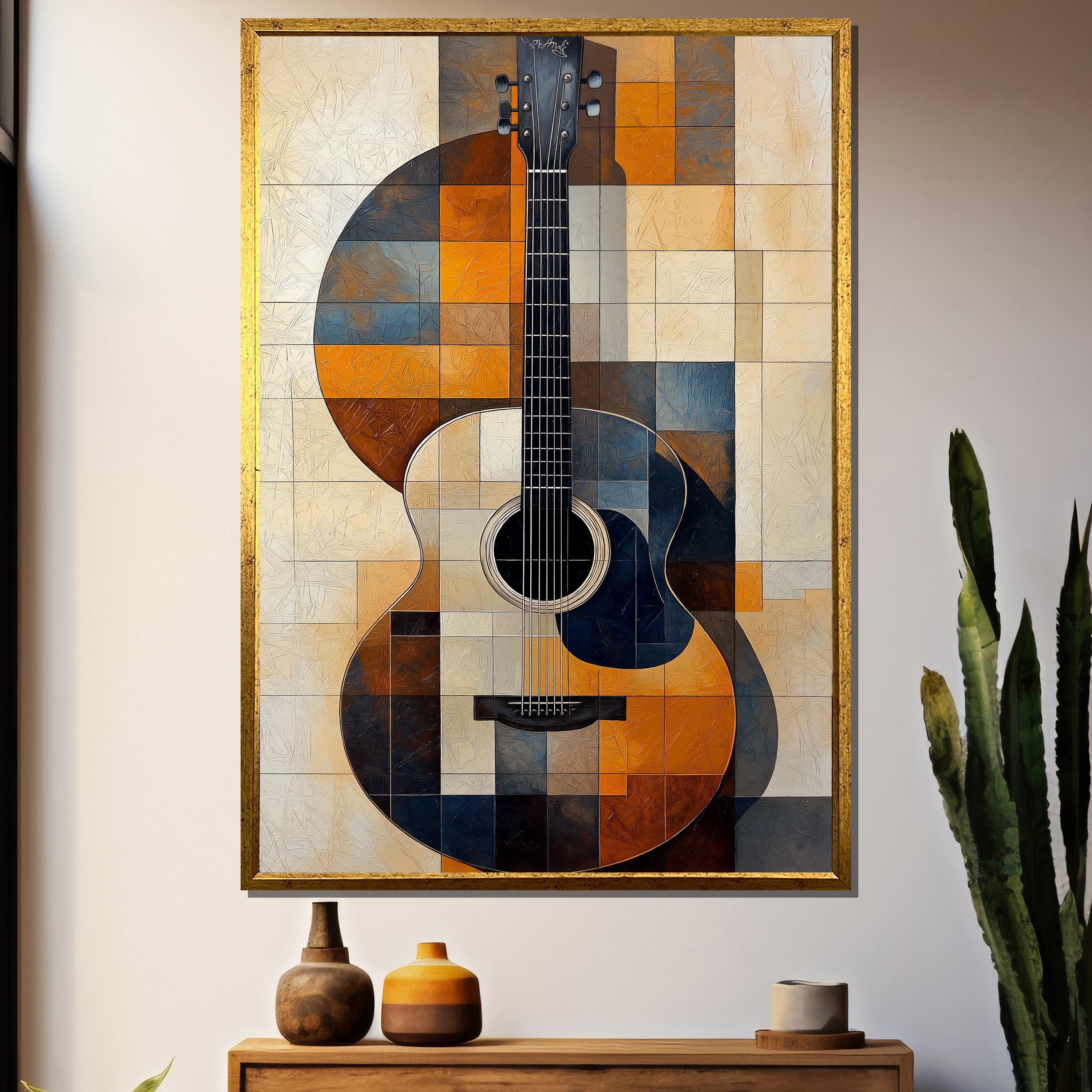 Abstract Geometric Guitar Painting – Modern Acoustic Guitar Wall