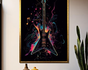 Colorful Electric Guitar Wall Art, Neon Rock Music Poster, Modern Abstract Guitar Decor for Music Lovers