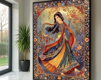 Elegant Dancing Woman Canvas, Persian Floral Art, Ethnic Home Decor