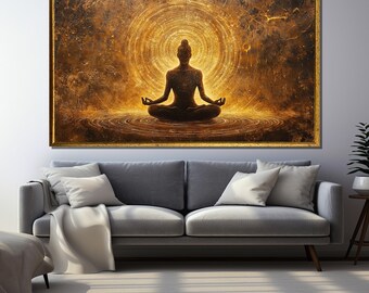 Golden Aura Meditation Art, Zen Yoga Wall Decor, Spiritual Enlightenment Poster, Abstract Buddha Energy Canvas, Sacred Mindfulness Print