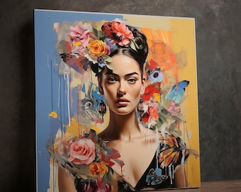 Puede incluir: Impresión en lienzo cuadrada que presenta un retrato de una mujer adornada con un tocado floral y detalles de mariposas. La obra de arte muestra una paleta de colores vibrantes con una mezcla de tonos rosas, amarillos y azules, creando un efecto visual llamativo.