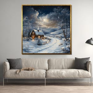 Cozy Winter Cabin at Night – Snowy Christmas Landscape Oil Painting on Canvas for Holiday Decor and Rustic Home Wall Art