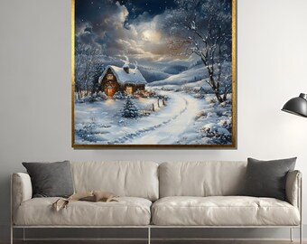 Cozy Winter Cabin at Night – Snowy Christmas Landscape Oil Painting on Canvas for Holiday Decor and Rustic Home Wall Art