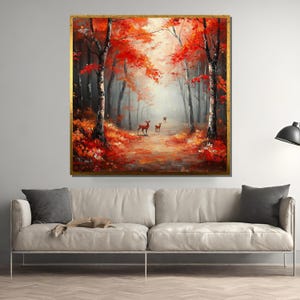 Autumn Forest with Deer Painting – Red and Orange Foliage Woodland Scene with Fog and Wildlife, Cozy Fall Nature Canvas Wall Art
