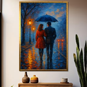 Romantic Evening Stroll Under Umbrella – Canvas Painting Gift for Moody Rainy Street Scene, Elegant Couple Wall Art Decor