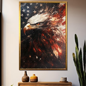 Fierce Bald Eagle with American Flag Canvas Art - Patriotic Wall Decor USA Spirit Gift