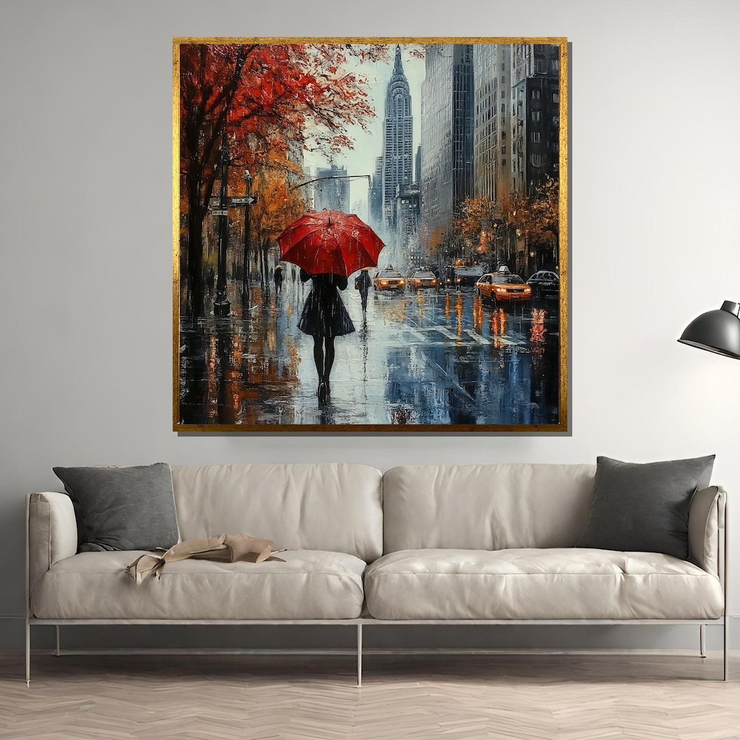 Autumn Rain in New York City Wall Art - Red Umbrella Woman Walking ...