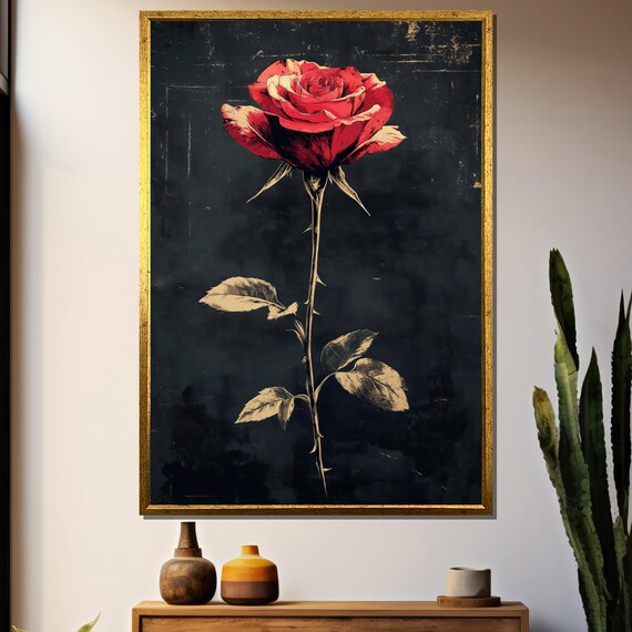 Grunge Red Rose Wall Art - Dark Floral Illustration on Black Background - Edgy Botanical Print for Modern Home or T-Shirt Design