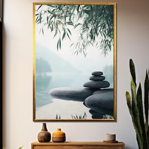 Zen Stone Wall Art, Minimalist Tranquil Landscape Poster, Calm Nature Decor, Peaceful Lake Canvas Print, Serene Zen Home Artwork