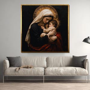 Virgin Mary Holding Baby Jesus Canvas Painting – Elegant Religious Art for Catholic Gift or Sacred Christian Home Wall Display