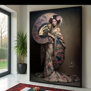 May include: A framed art print featuring a woman in traditional Japanese attire. She holds a fan and parasol, adorned with floral and ornamental details. The artwork showcases a blend of colors, including pink, gold, and blue, creating an elegant aesthetic.