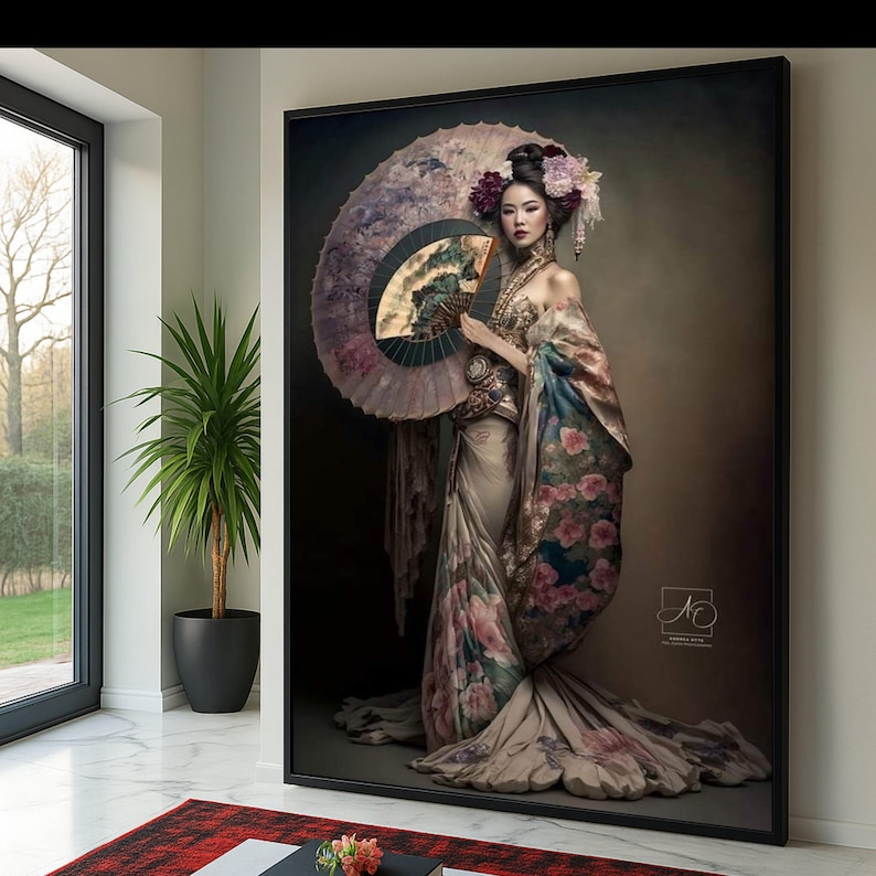 Elegant Geisha Portrait Canvas Wall Art, Japanese Kimono With Floral ...