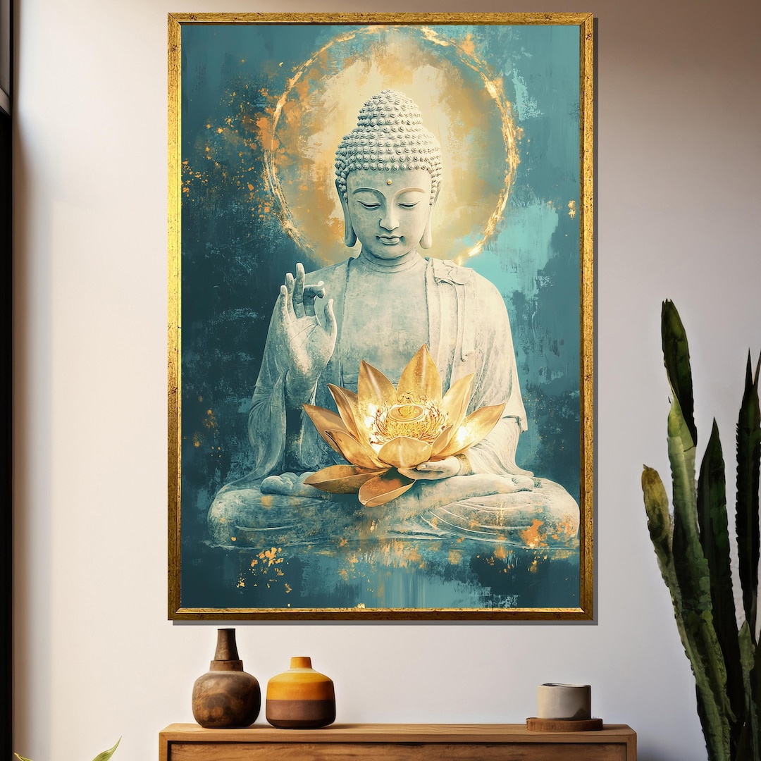 Buddha Statue Golden Lotus Wall Art, Spiritual Zen Canvas Print ...