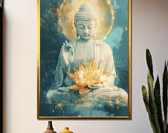 Buddha Statue Golden Lotus Wall Art, Spiritual Zen Canvas Print, Enlightenment Meditation Home Decor