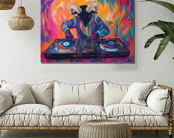 Colorful DJ Ram Canvas Art | Vibrant Abstract Animal DJ Painting