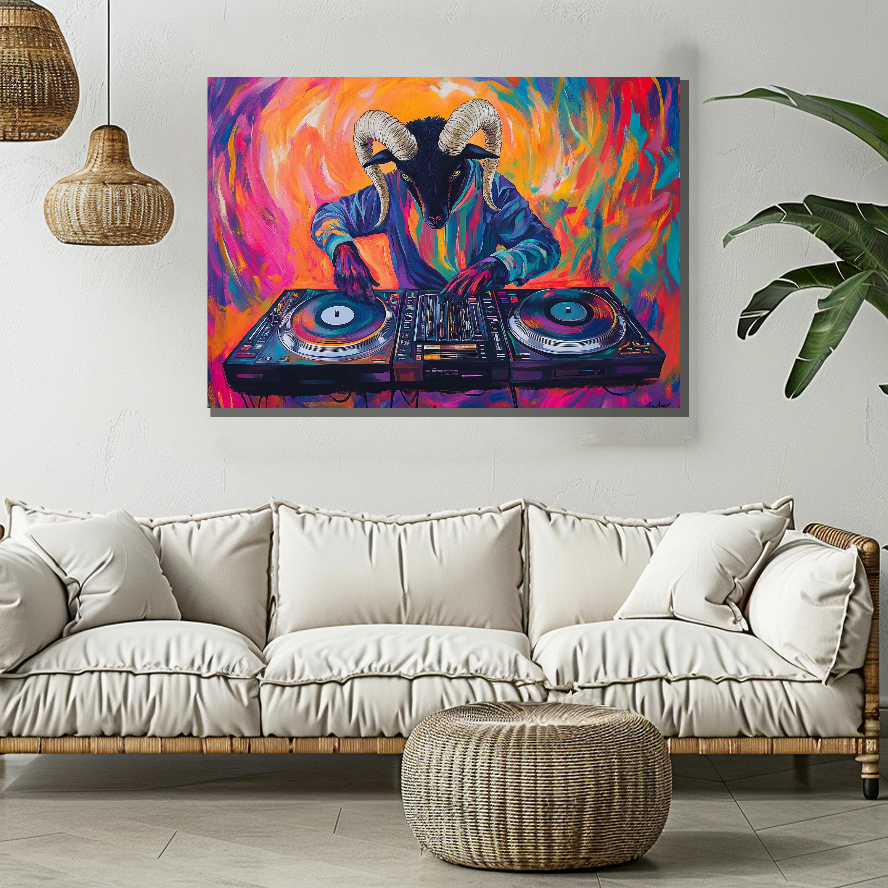Colorful DJ Ram Canvas Art | Vibrant Abstract Animal DJ Painting