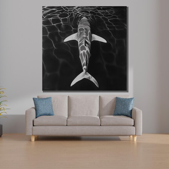 上空から見た雄大なサメ - ミニマリストな白黒の海の壁アート - Etsy 日本