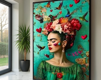 Frida Portrait Canvas, Floral Headpiece Wall Art, Colorful Birds and Hearts, Vibrant Feminine Canvas, Artistic Home Decoration