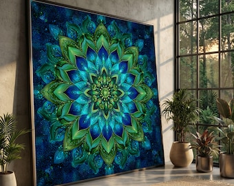 Könnte beinhalten: Große gerahmte Wandkunst mit einem lebendigen Mandala-Design. Das Kunstwerk zeigt ein symmetrisches Blumenmuster in Blau- und Grüntönen mit komplizierten Details und einem dunkelblauen Hintergrund. Der Rahmen ist dunkel.