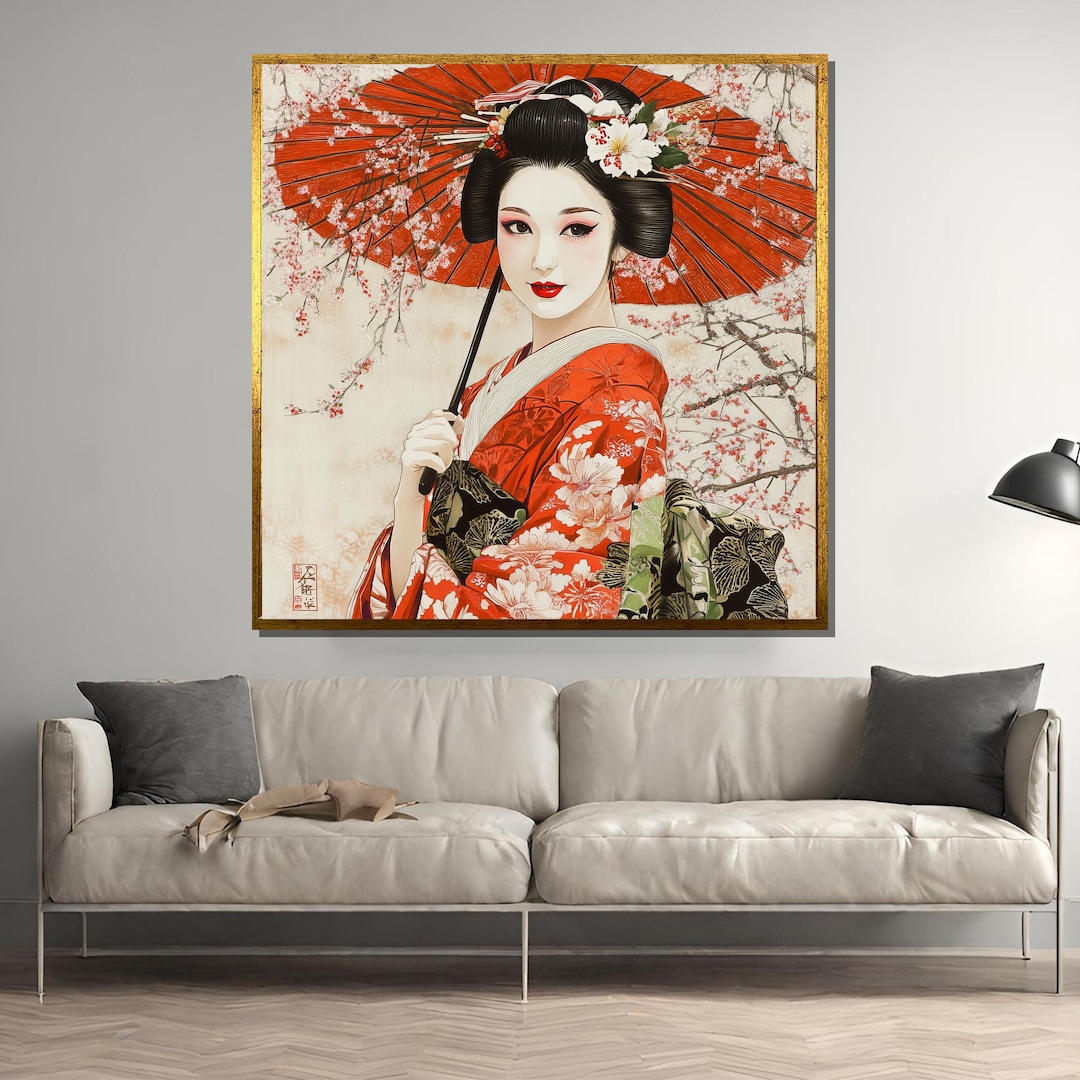 Japanese Geisha Wall Art With Red Parasol, Elegant Ukiyo-e Style Cherry ...
