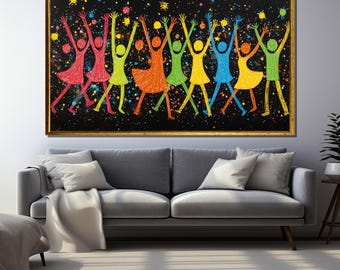 May include: A colorful painting of a group of people with their arms raised in the air, dancing and celebrating. The painting is on a black background with white speckles.