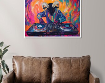 Colorful DJ Ram Canvas Art | Vibrant Abstract Animal DJ Painting