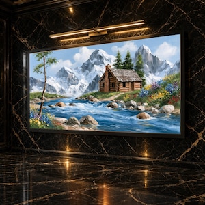 May include: A framed landscape painting depicting a log cabin nestled beside a flowing blue river, with snow-capped mountains in the background, green pine trees, and colorful wildflowers along the rocky riverbank under a bright sky.