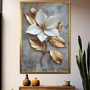 White Flower and Gold Leaves Wall Art - Luxury Floral  Painting on  Background - Elegant Botanical Canvas for Home Decor