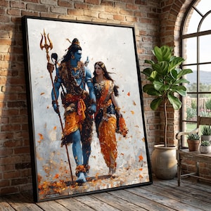 May include: A framed painting depicts two figures in traditional Indian attire. The male figure, with blue skin, holds a trident and wears orange and brown garments. The female figure, also in traditional dress, walks alongside. The artwork is set against a white background.