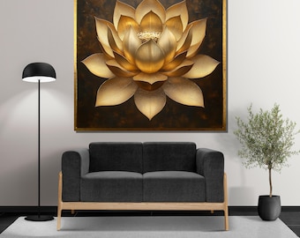 Golden Lotus Wall Art | Elegant Symmetrical Lotus Flower Painting | Luxury Zen Decor for Meditation Room