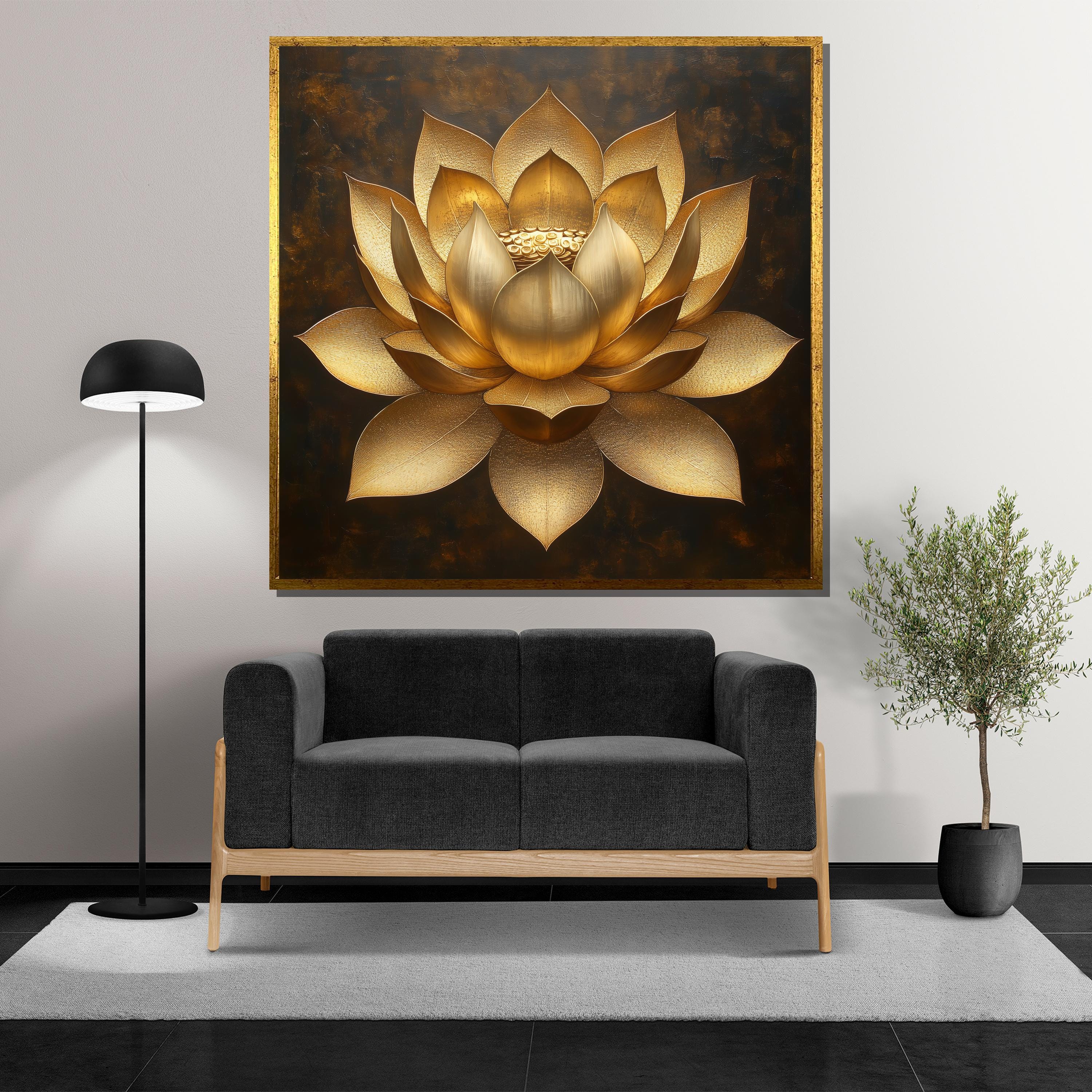 黄金の蓮の壁アート | エレガントな対称的な蓮の花の絵画 | 瞑想