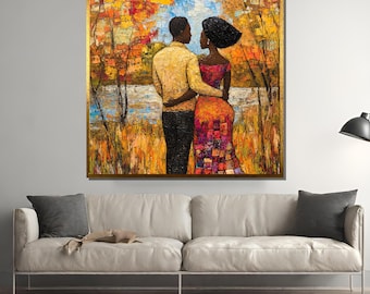 African Couple Painting – Textured Palette Knife Fall Landscape