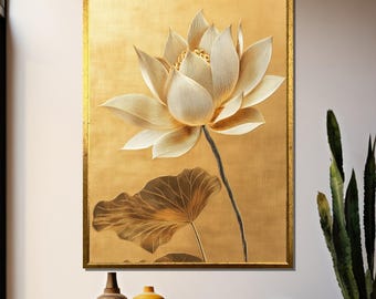 Gold Lotus Wall Art - Elegant Chinese Style Embroidery Painting with Gilded Floral Design - Luxury Canvas Decor for Modern or Zen Interiors